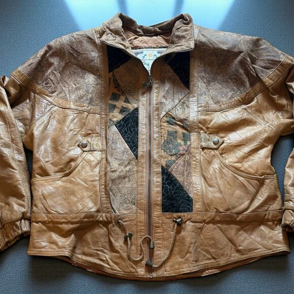Vintage Paris Sport Club Women's Large Brown Leather Bomber Jacket - Picture 1 of 8